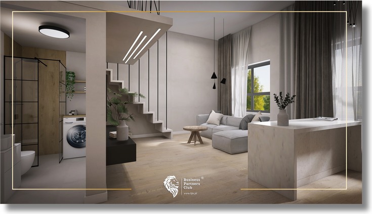 Vizualizace obytného prostoru mikroapartmánu se schodištěm na galerii