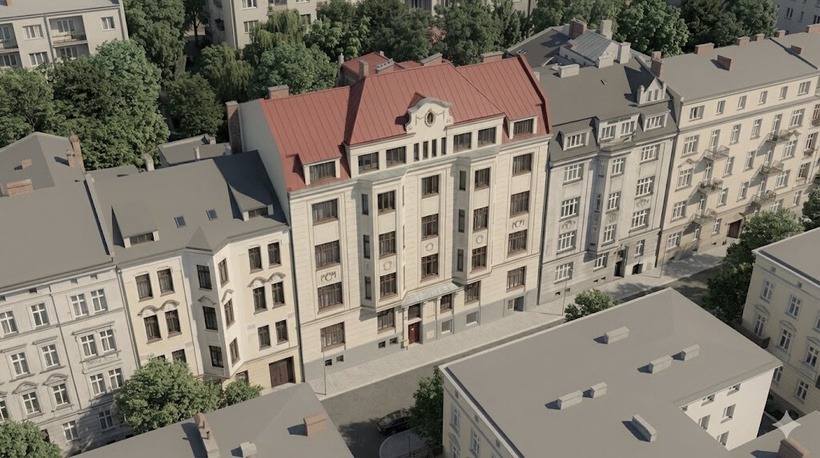 Letecký pohled na dům Mickiewicza 35 a okolní blok zástavby