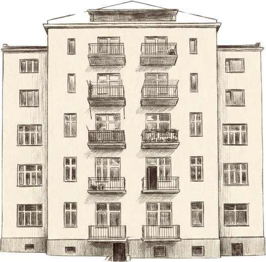 Kresba dvorního průčelí domu s balkony do zahrady