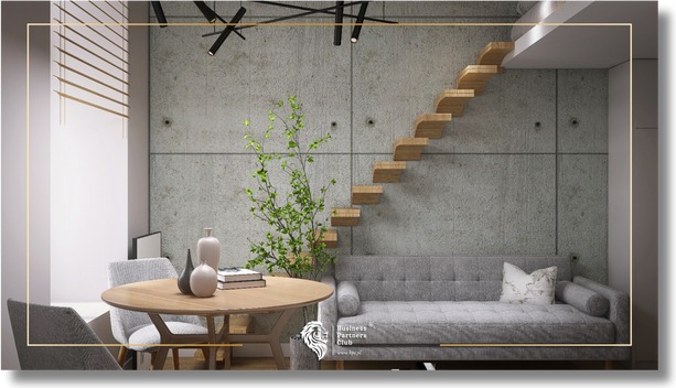 Vizualizace mikroapartmánu s dřevěným schodištěm na spací galerii