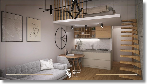 Vizualizace mikroapartmánu s kuchyňským koutem a točitým schodištěm